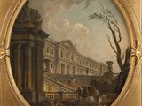 tableau représentant une vue de ville avec une calèche devant un immeuble