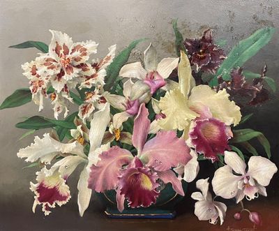 une peinture de fleurs dans un vase sur une table