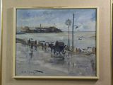 un tableau représentant une calèche tirée par des chevaux sur la plage