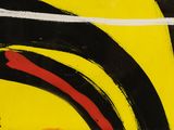 abstract painting of yellow, black, red, and white lines on a black background