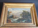 an old painting of a river scene with a house in the background