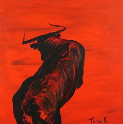 FAROUK (école contemporaine). Taureau sur fond rouge. Peintu…