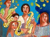 une peinture représentant un groupe de personnes jouant d'un instrument