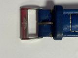 a blue leather belt with a silver buckle on it