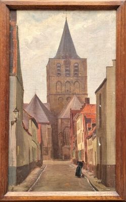 an oil painting of a street with a church in the background