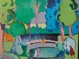 a painting of a bridge in the middle of a park