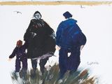 tableau représentant deux personnes marchant dans la neige avec un enfant