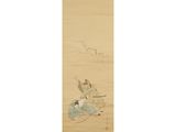 an oriental painting of a woman sitting on a rock in the water