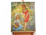 a painting of two girls on a easel with a basket of flowers