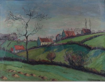 une image représentant un tableau d'un champ vert avec des maisons au loin