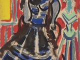 une image d'un tableau représentant une femme en robe bleue et blanche
