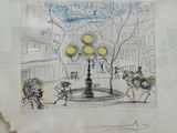 un dessin représentant une fontaine ornée de lumières jaunes
