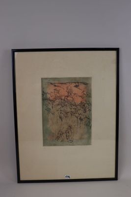 painting of a vase of flowers on a shelf in a room