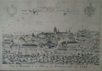 dessin représentant une vue d'une ville avec un château en arrière-plan