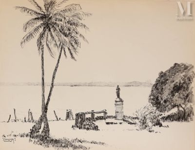 un dessin en noir et blanc représentant un phare et un palmier