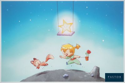 the little girl is flying in the sky with a star above her head