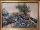 a picture of a painting of rocks and a tree