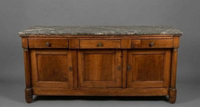 an old wooden cabinet with a marble top and drawers