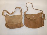 pair of brown leather purses on white background with strap