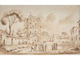 an image of a drawing of a town with a church in the background