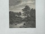 an old black and white drawing of a river with trees in the background