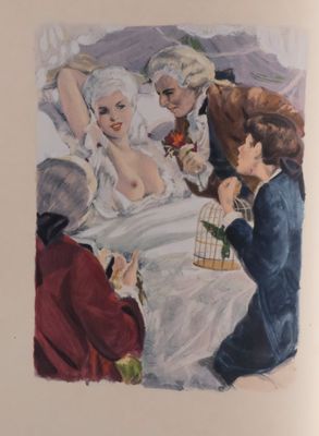 an image of a painting of a woman in a wedding dress and a man in a tuxedo holding a birdcage