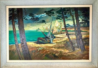 un tableau représentant un voilier sur le rivage d'une plage