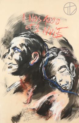 an image of a painting of two monkeys with a peace sign in the background