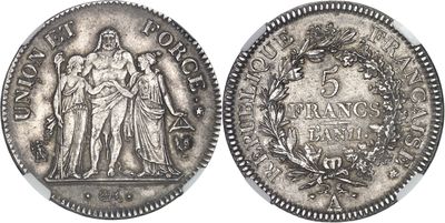 a silver coin with an image of a woman and a man on it