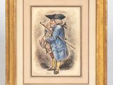 un tableau représentant un homme en manteau bleu tenant un bâton
