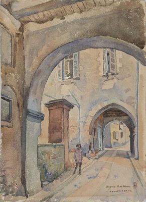 tableau représentant un homme marchant dans une rue sous une arcade