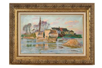 l'image d'une peinture représentant un bateau dans un plan d'eau