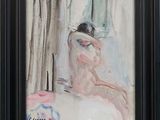 painting of a woman in a hat sitting in a chair in front of a window