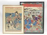 deux reproductions encadrées représentant des femmes en kimono assises sur un banc