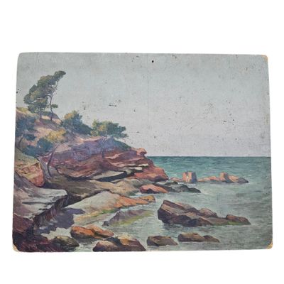 une peinture représentant une plage rocheuse avec des rochers et des arbres au bord de l'eau