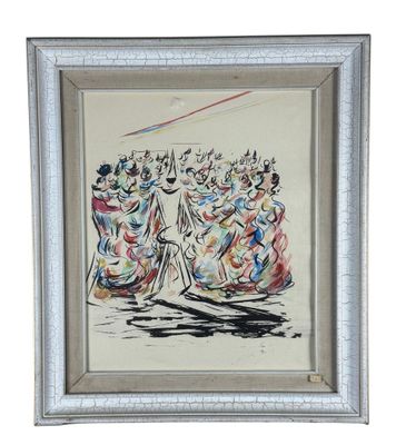 a painting of a group of people sitting on top of a table