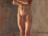 tableau représentant un homme debout dans une pièce, avec un mur derrière lui