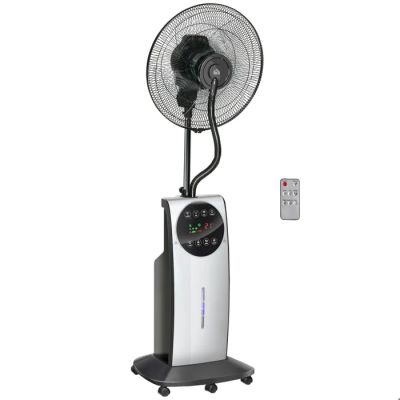 une photo représentant un ventilateur et une télécommande posés sur un support