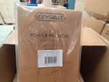 a cardboard box with a package in it sitting in a warehouse