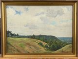 an oil painting of a landscape with hills and trees in a gold frame