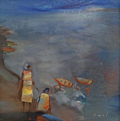 tableau représentant un couple debout sur une plage au bord d'un plan d'eau