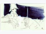 un dessin représentant un homme assis sur un lit avec un chat