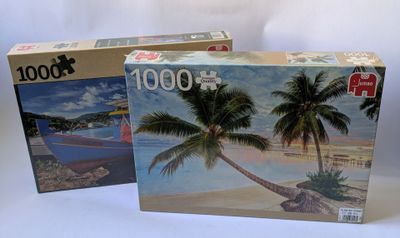 boîte à puzzle avec l'image d'un palmier et d'un bateau sur la plage