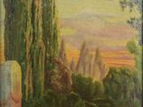 un tableau représentant un paysage avec des arbres, des rochers et de l'eau