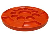 a close up of an orange plastic plate on a white background