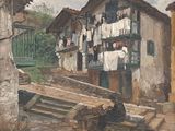 painting of a house with clothes hanging out to dry on a clothes line