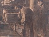 drawing of two men working on a cart in a warehouse