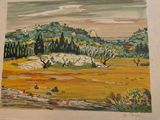 a picture of a painting of a field with trees in the background