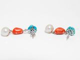 two pairs of earrings with coral, turquoise and white pearls
