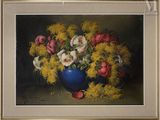 a painting of flowers in a blue vase on a table